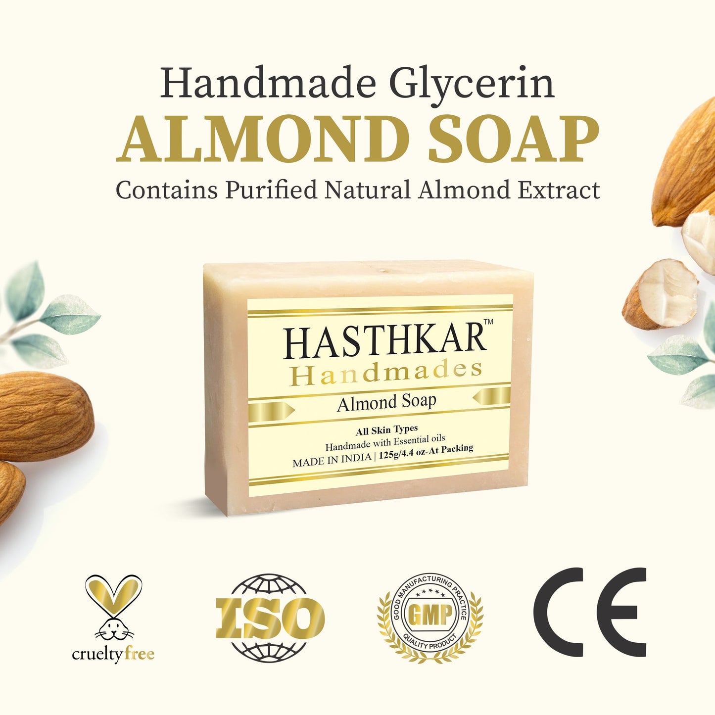 Hasthkar Handmades Glycerine Almond Soap For Anti-Inflammatory | Antiseptic | Soothe Sunburns And Reduce Scarring - 125Gm