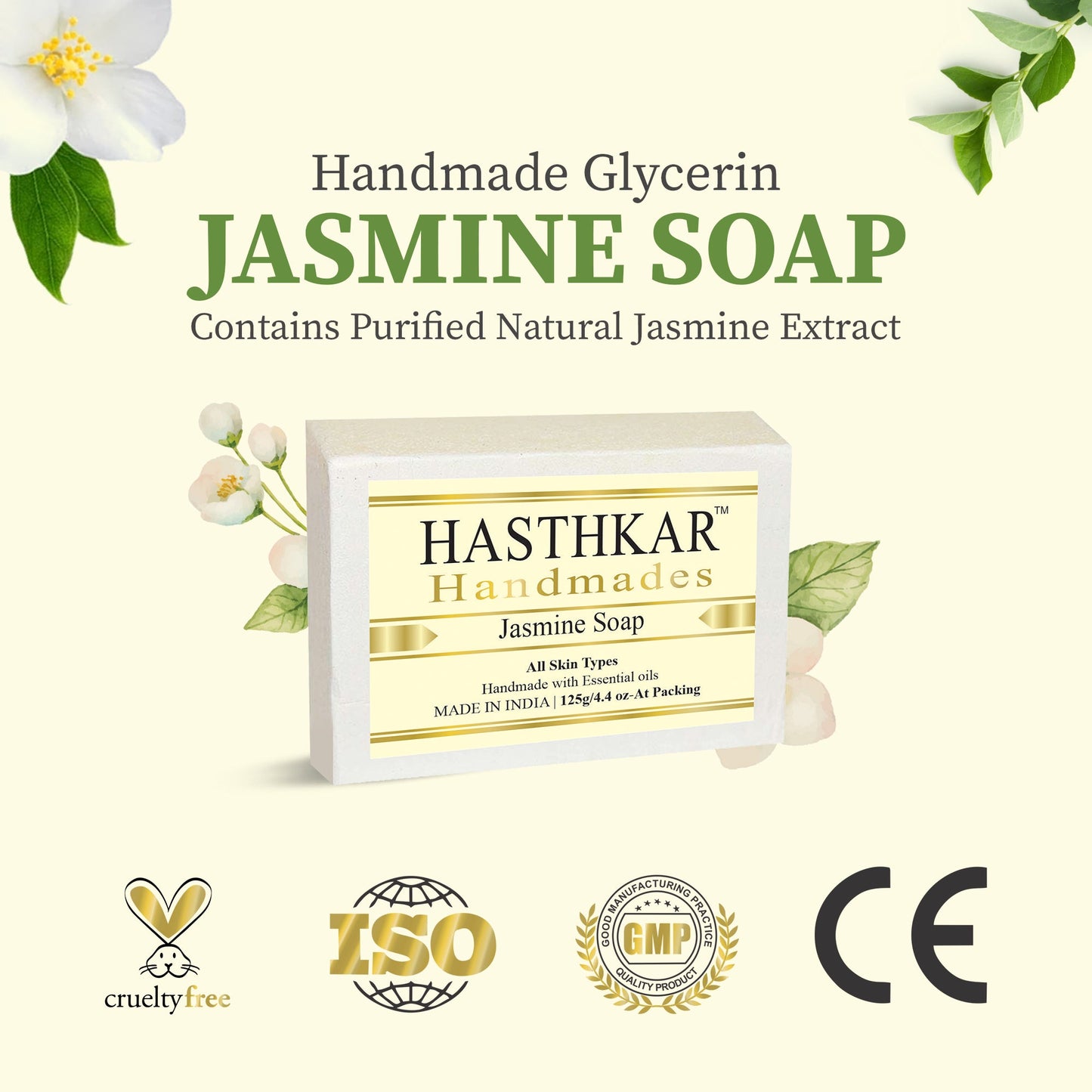Hasthkar Handmades Glycerine Jasmine Soap For Improve Your Skin Tone And Texture | Helps To Expand Skin'S Flexibility | Helps Balance Dampness - 125Gm