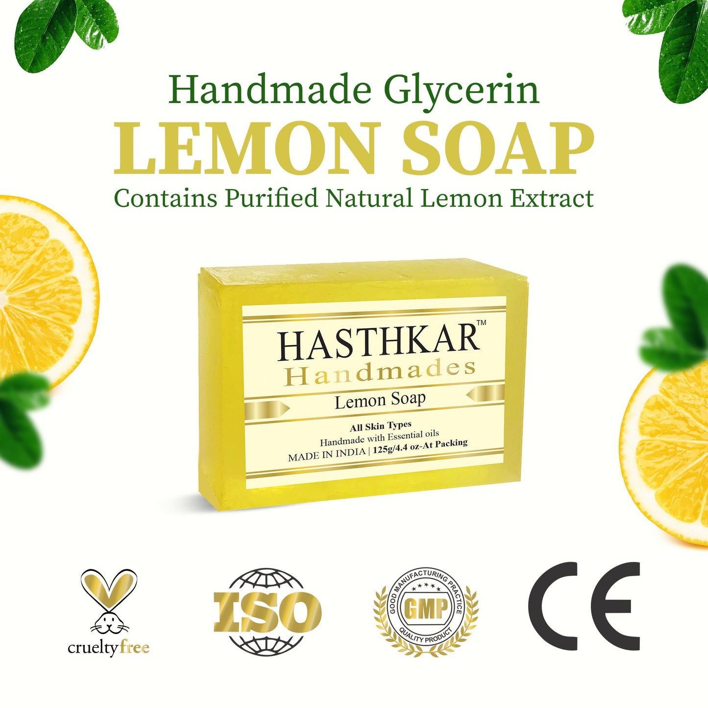 Hasthkar Handmades Glycerine Lemon Soap For Antibacterial | Ant | Acne And Pimples And Keep The Skin Healthy And Soft | Remove Oil Buildup | Tighten Up Saggy Skin | And Prevent Acne Breakouts - 125Gm