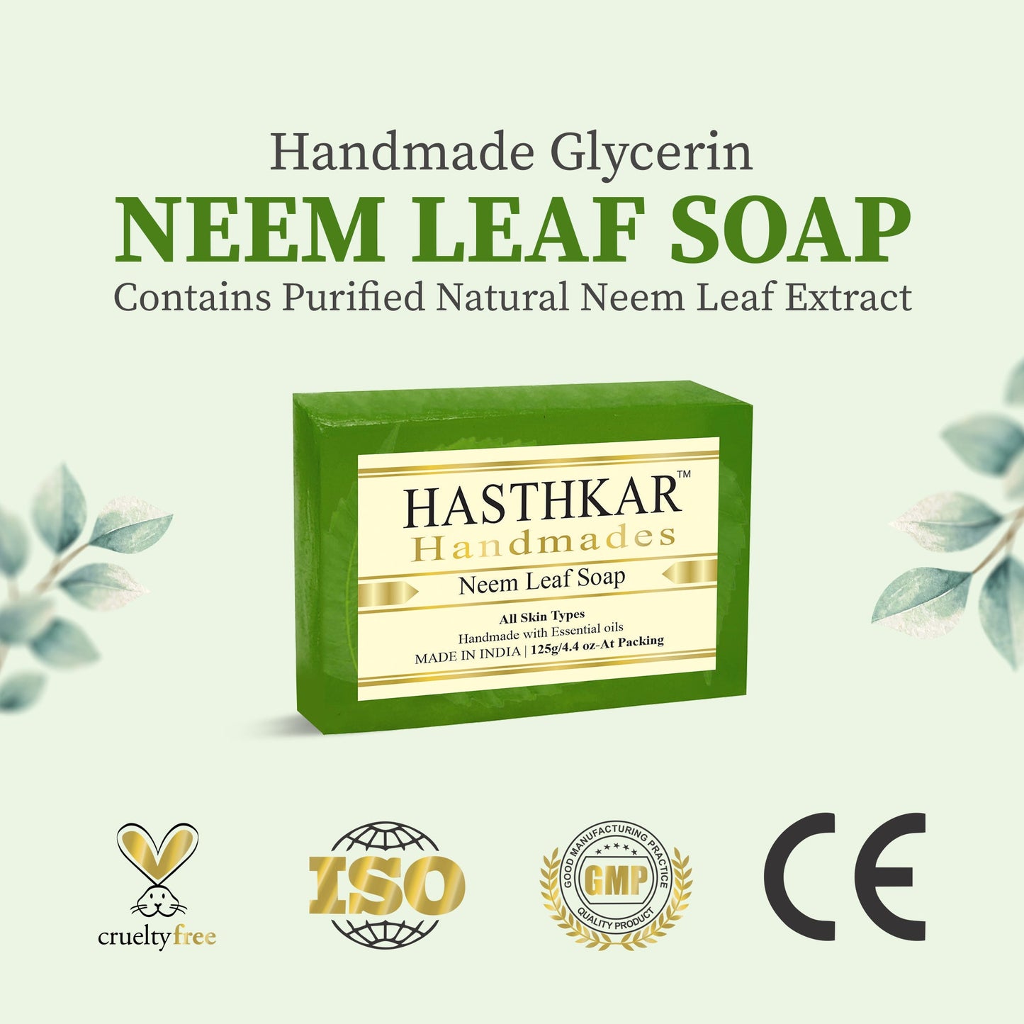 Hasthkar Handmades Glycerine Neem Leaf Soap For Antibacterial Clearing Up Skin Irritations And Acne | Chock Full Of Antioxidants - 125Gm