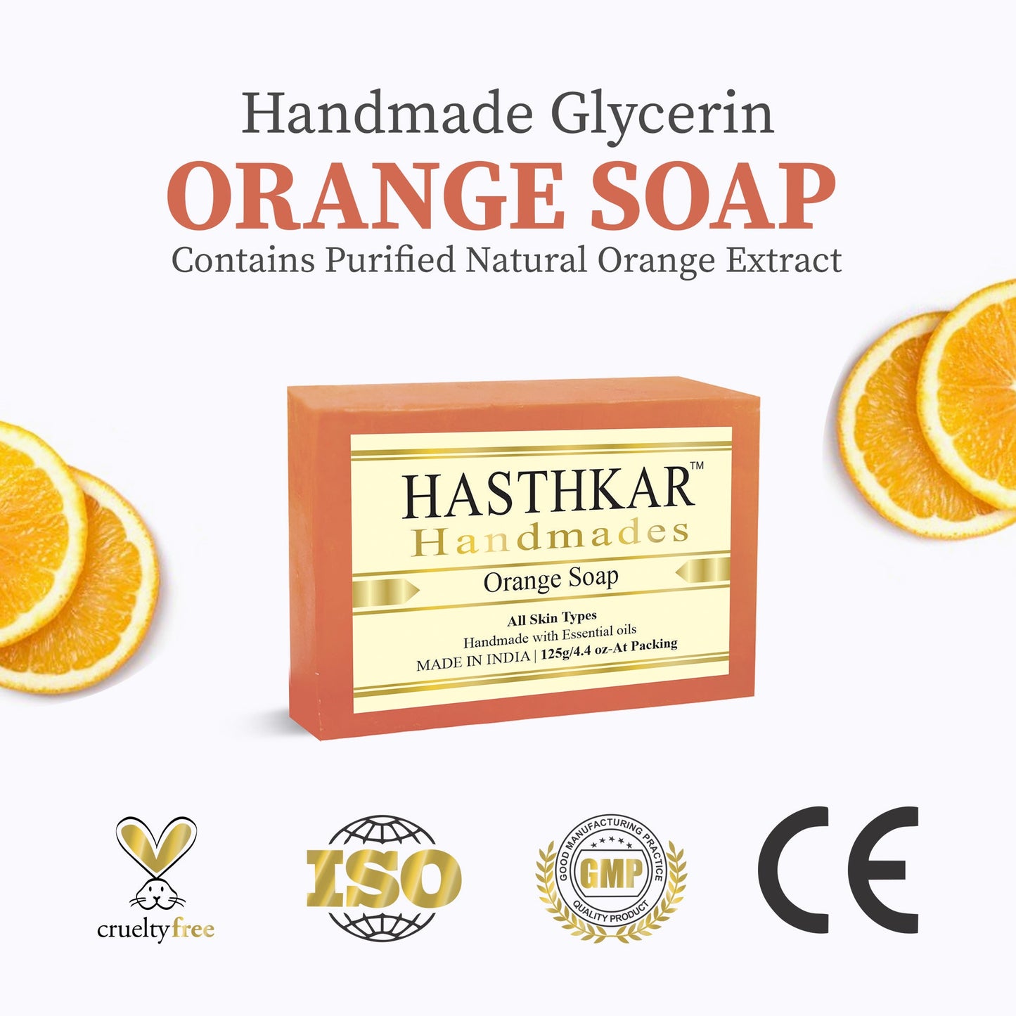 Hasthkar Handmades Glycerine Orange Soap For Nourishes And Exfoliates Your Skin | Relieves Stress And Fatigue And Uplifts Your Mood | Removes Impurities And Reduces Tan | Helps Maintain A Clear Skin Tone - 125Gm