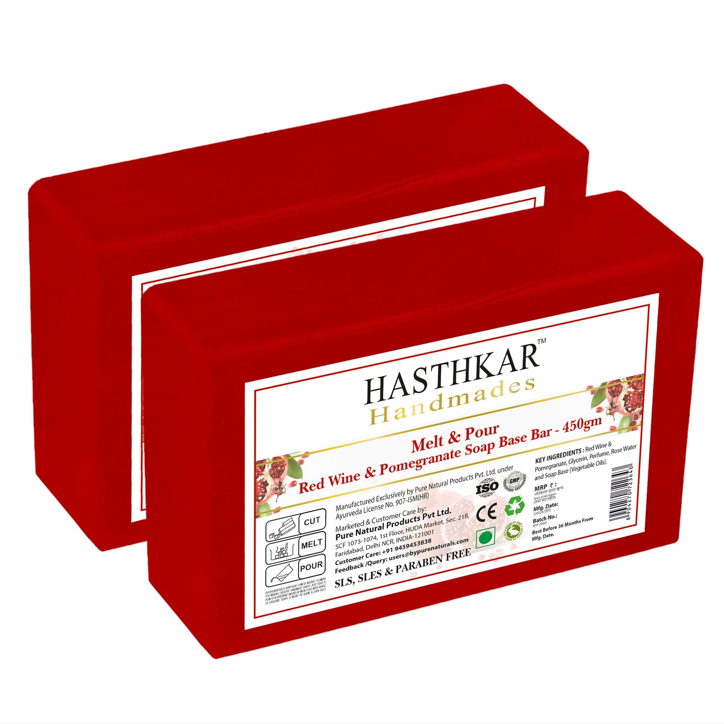 Hasthkar Handmades Glycerine Red Wine Pomegranate SLS Paraben free Soap base (pack of 2) 45gm
