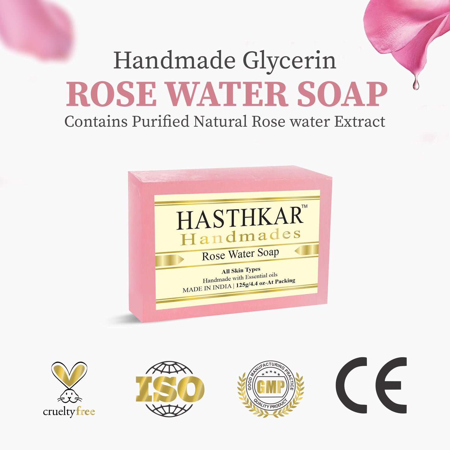 Hasthkar Handmades Glycerine Rose Water Soap For Hydrating Properties | Antibacterial | Fights The Bacteria That Cause Acne | Anti-Inflammatory|Antioxidants | Helps To Control Excess Oil - 125Gm