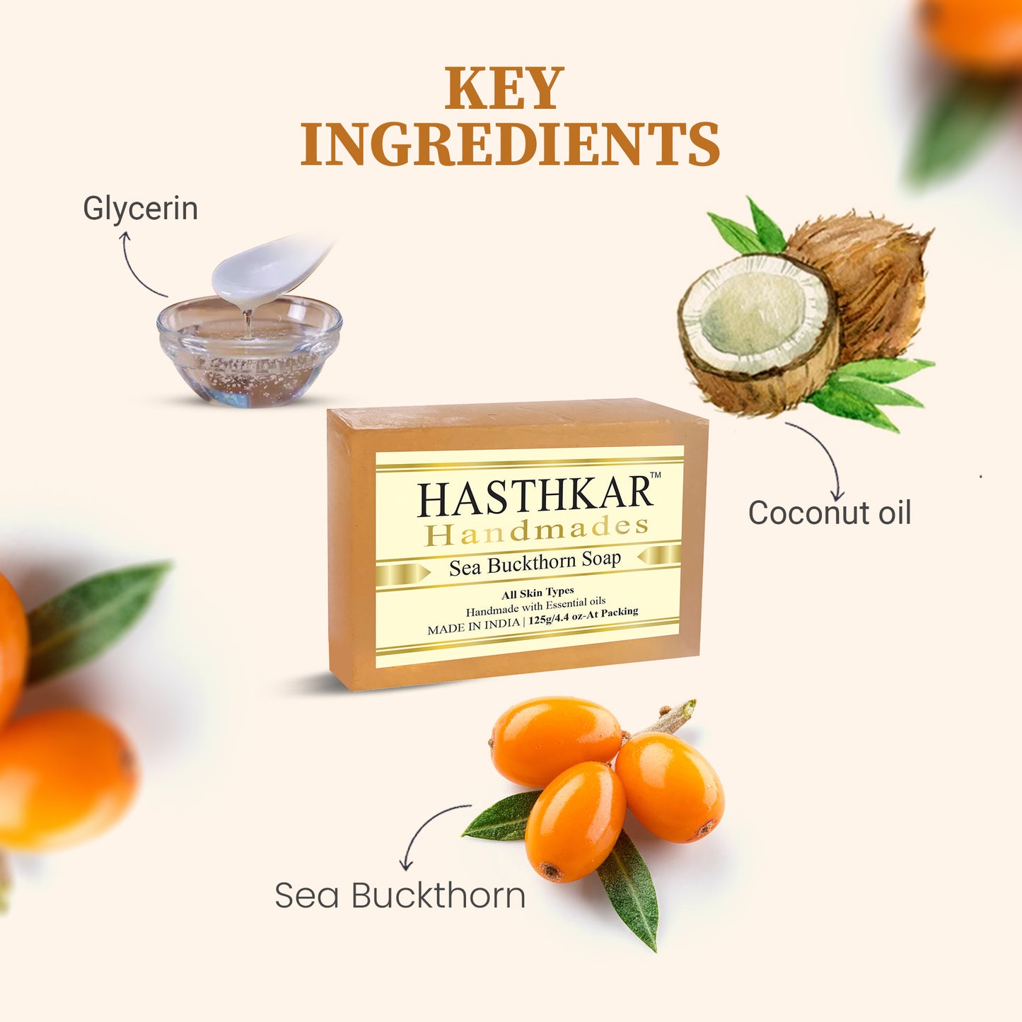 Hasthkar Handmades Glycerine Sea buckthorn Soap 125gm Pack of 4