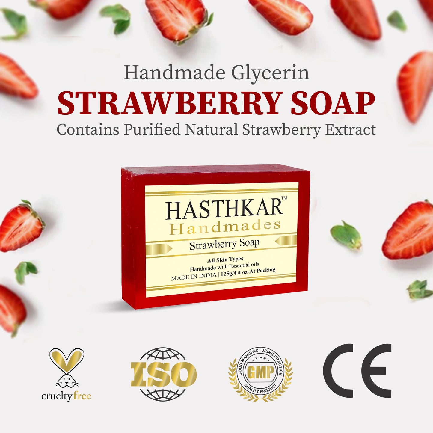 Hasthkar Handmades Glycerine Strawberry Soap For Helps In Nourishing And Revitalizing Your Skin | Remove The Excess Sebum From The Skin | Lightening Blemishes And Acne Scars On The Texture - 125Gm