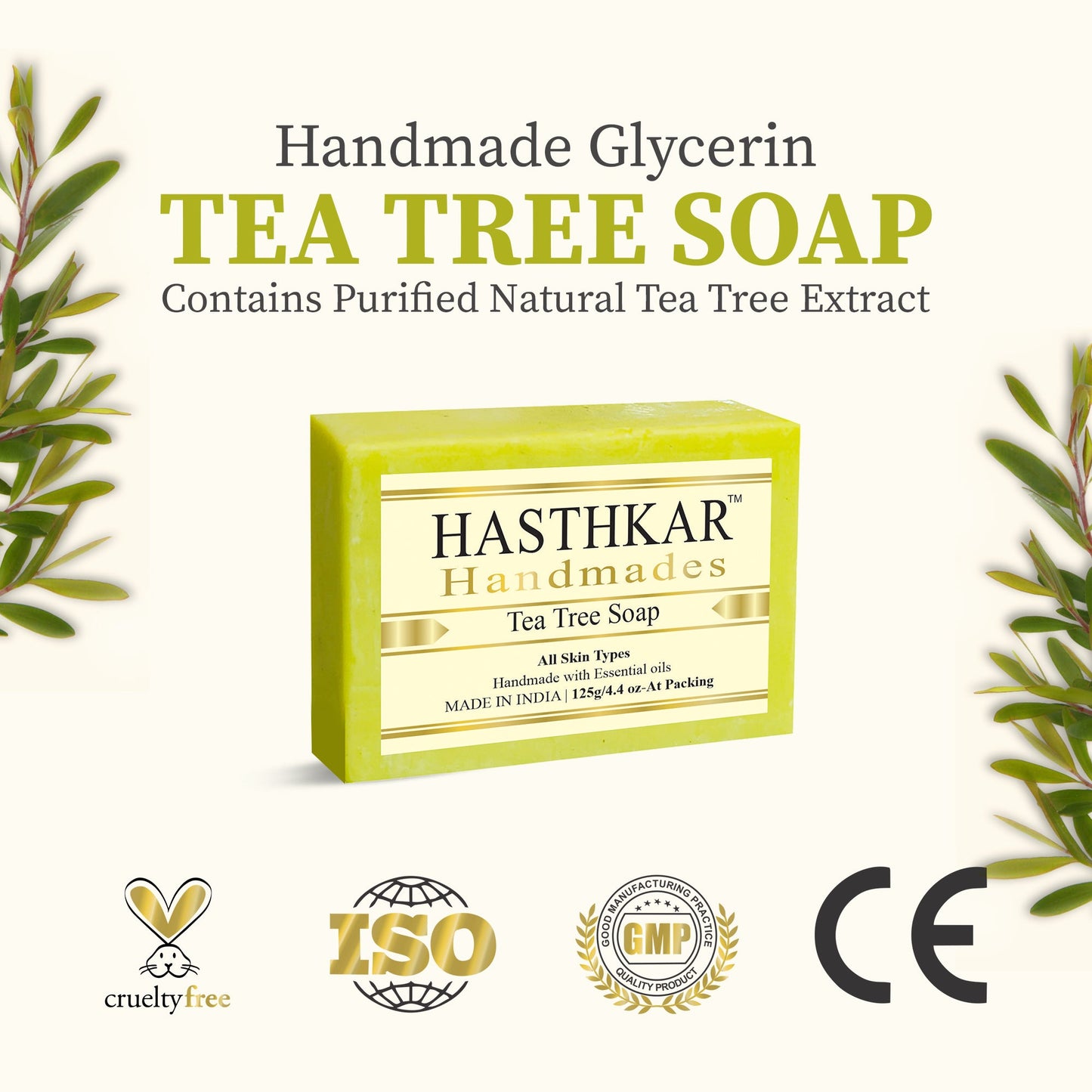 Hasthkar Handmades Glycerine Tea Tree Soap For Soothe Dry Skin By Reducing Itching | Swelling And Irritation With Its Anti-Inflammatory Properties | Combatting Acne | Help To Reduce Acne Scars And Redness - 125Gm