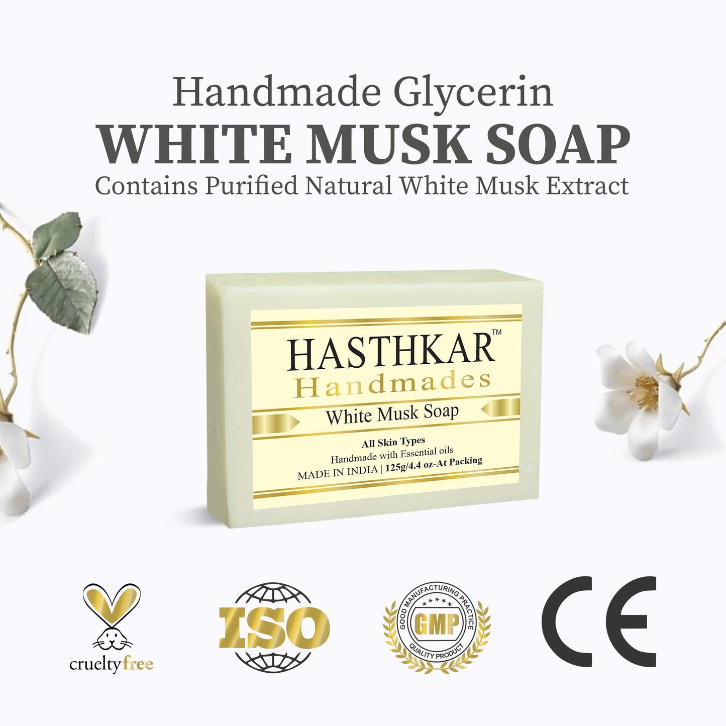 Hasthkar Handmades Glycerine White Musk Soap For Unclogs The Skin Pores | Removes All Skin Impurities | Helps To Refine Skin Texture | Revitalizes & Balance The Skin | Heals Your Skin Quickly - 125Gm