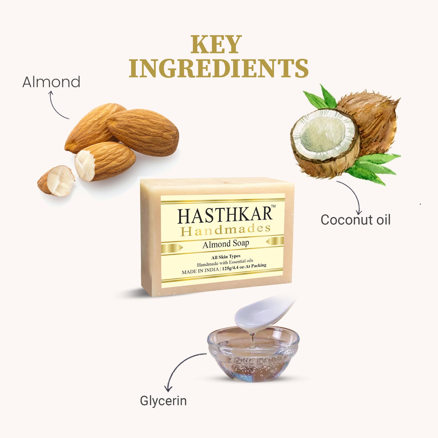 Hasthkar Handmades Glycerine Almond Soap 125gm Pack of 5