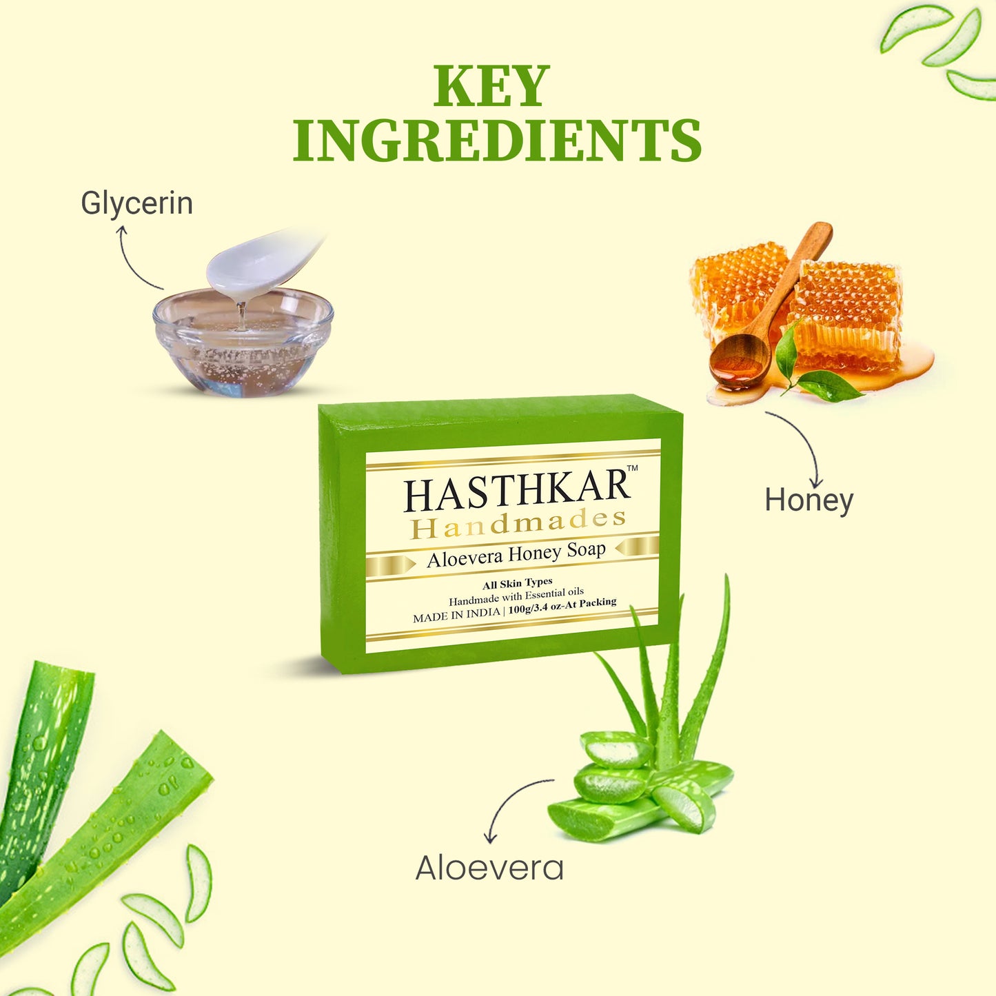 Hasthkar Handmades Glycerine Aloevera honey Soap 100gm Pack of 4