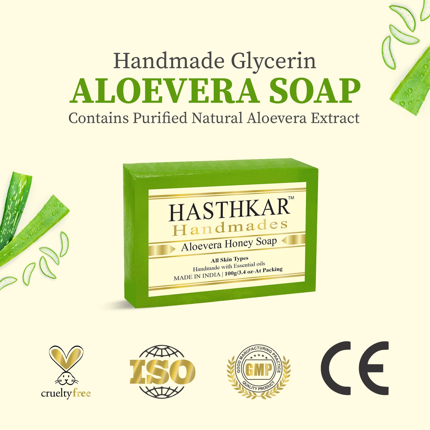 Hasthkar Handmades Glycerine Aloevera honey Soap 100gm Pack of 5