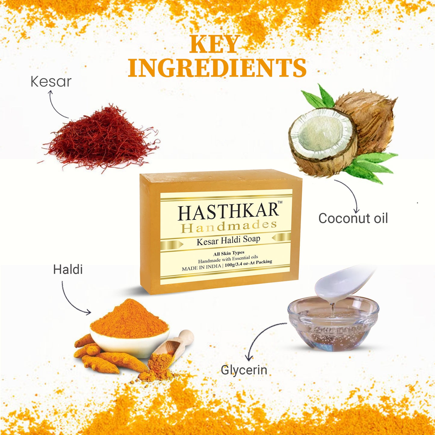 Hasthkar Handmades Glycerine Kesar haldi Soap 100gm Pack of 5