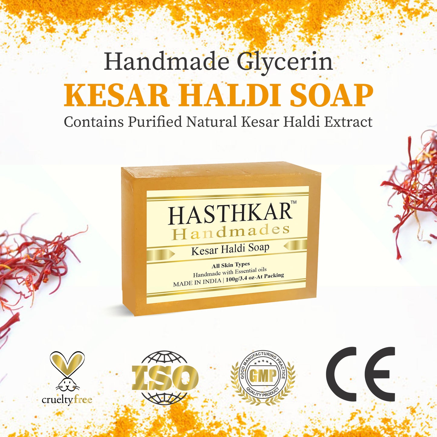 Hasthkar Handmades Glycerine Kesar haldi Soap 100gm Pack of 6