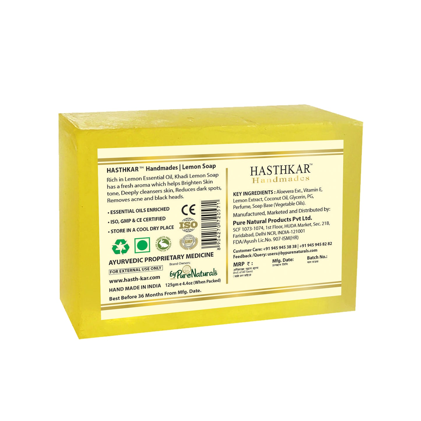 Hasthkar Handmades Glycerine Lemon Soap 125gm Pack of 6
