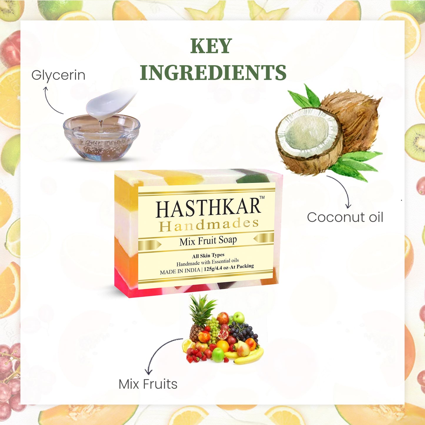 Hasthkar Handmades Glycerine Mix fruit Soap 125gm Pack of 6