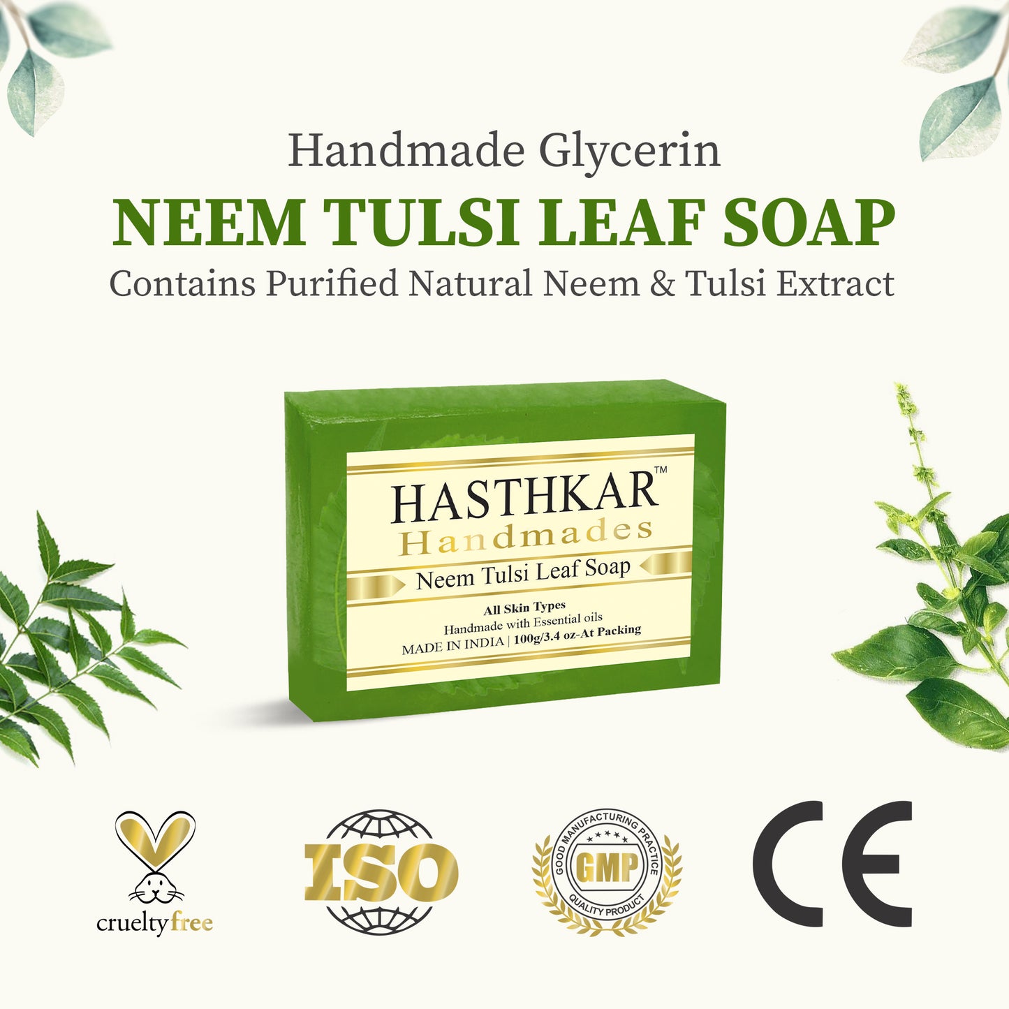 Hasthkar Handmades Glycerine Neem tulsi leaf Soap 100gm Pack of 4