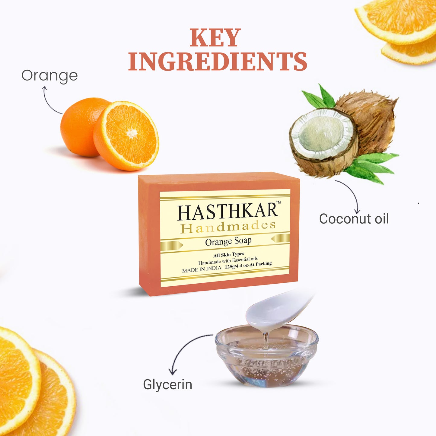Hasthkar Handmades Glycerine Orange Soap 125gm Pack of 6