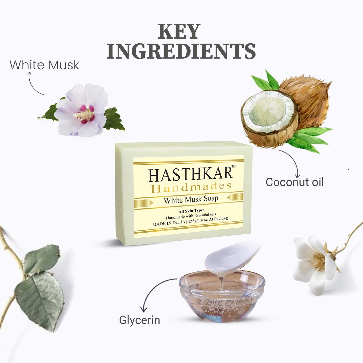 Hasthkar Handmades Glycerine White musk Soap 125gm Pack of 4